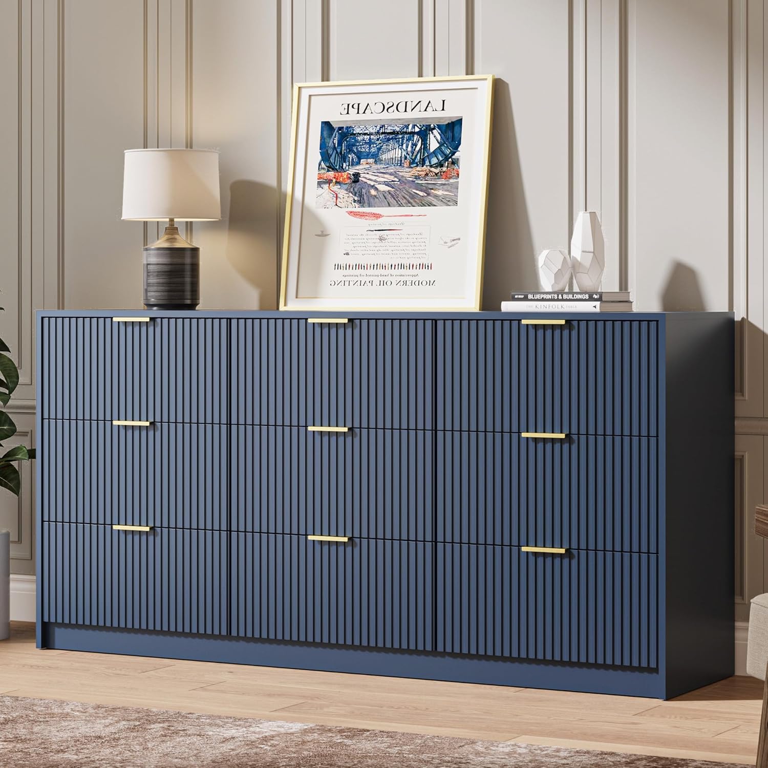 MAISONARIA Navy Dresser for Bedroom, 9 Drawer Double Dresser, Modern Chest of Drawers, 63" L x 15.7" D x 31.5" H