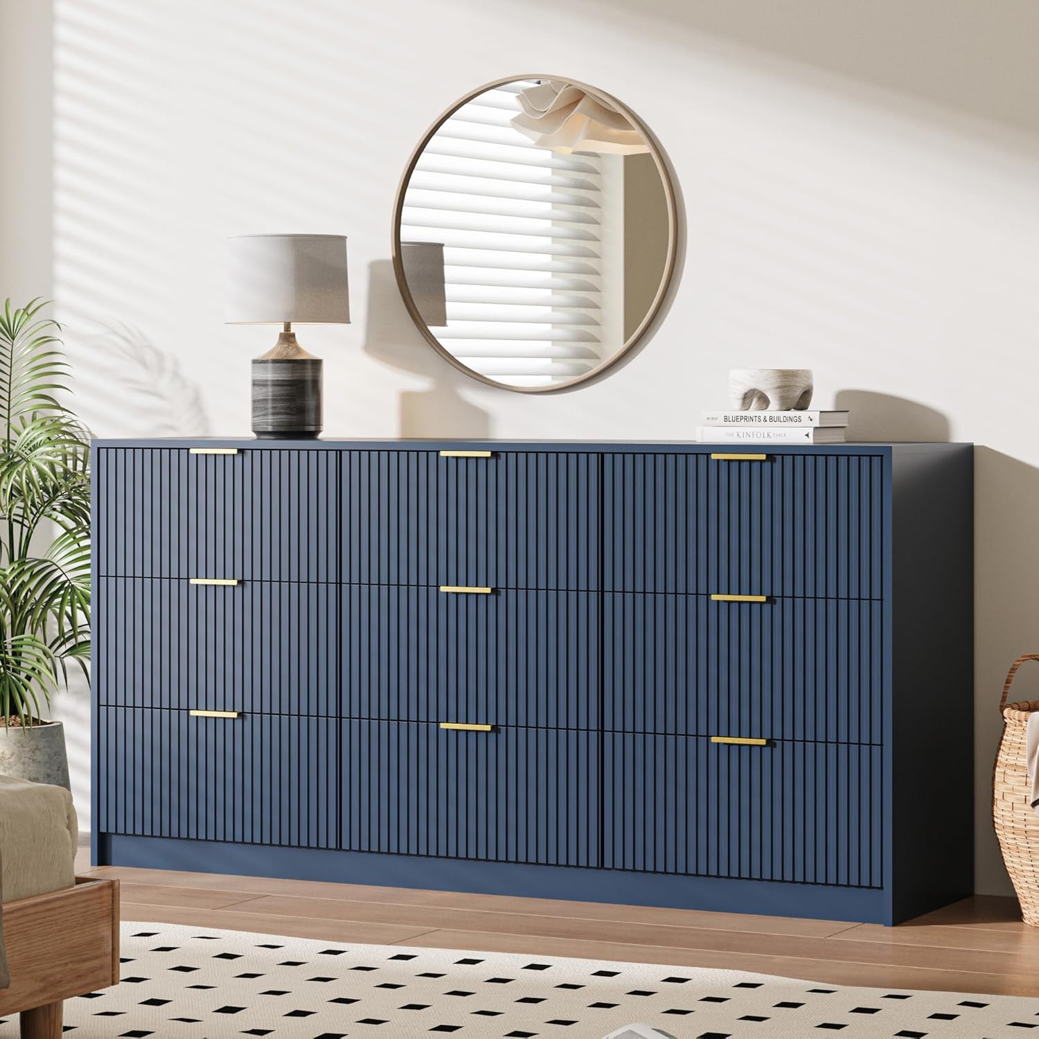 MAISONARIA Navy Dresser for Bedroom, 9 Drawer Double Dresser, Modern Chest of Drawers, 63" L x 15.7" D x 31.5" H