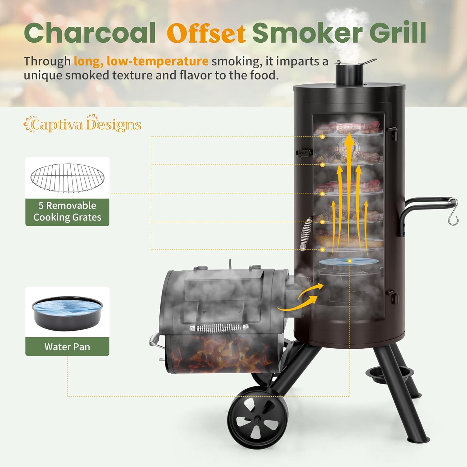Captiva Designs Charcoal Vertical Smoker Grill and Offset Smoker Grill Combo, Extra Large Outdoor Barrel BBQ Meat Smoker