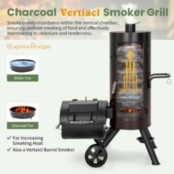 Captiva Designs Charcoal Vertical Smoker Grill and Offset Smoker Grill Combo, Extra Large Outdoor Barrel BBQ Meat Smoker