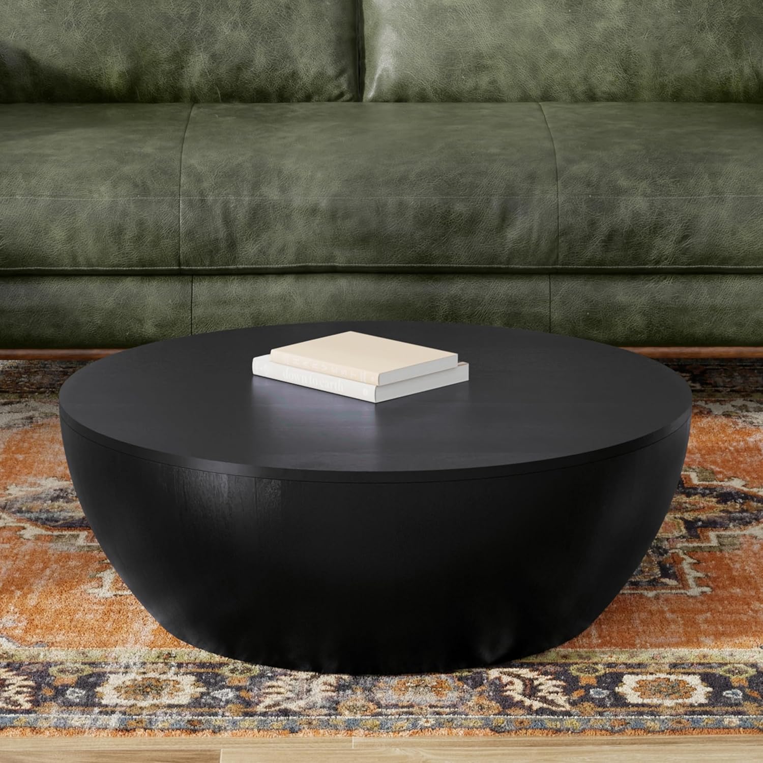 SIMPLIHOME Elmbrook Drum Coffee Table, 34 inch, Black