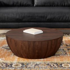 SIMPLIHOME Elmbrook Drum Coffee Table, 34 inch, Walnut Brown