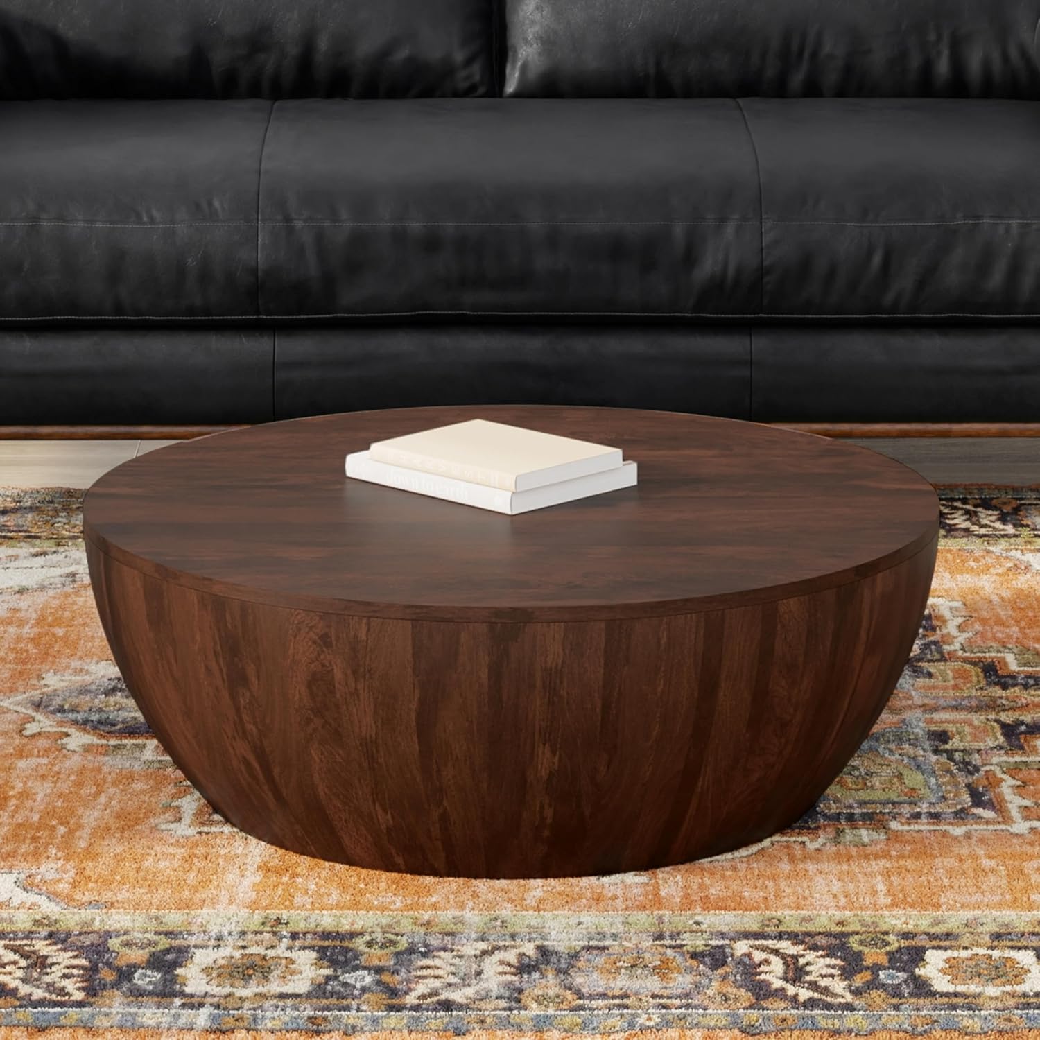 SIMPLIHOME Elmbrook Drum Coffee Table, 34 inch, Walnut Brown
