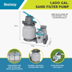 Bestway 1,500 Gallon Sand Filter Pump for 300 to 11,200 Gallon Above Ground Outdoor Swimming Pools with ChemConnect Clean Water Dispenser