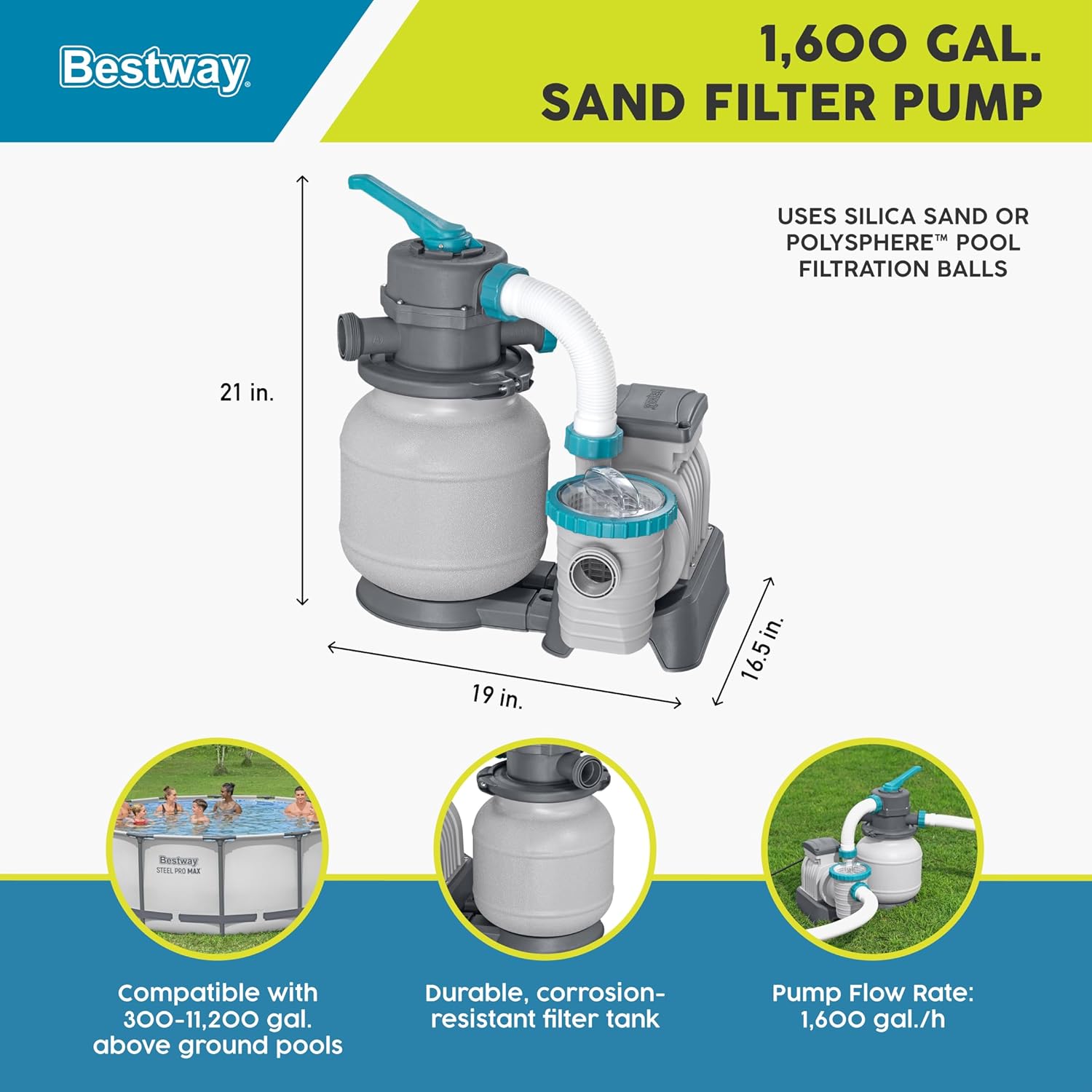 Bestway 1,500 Gallon Sand Filter Pump for 300 to 11,200 Gallon Above Ground Outdoor Swimming Pools with ChemConnect Clean Water Dispenser