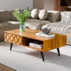 Bme Georgina Solid Wood Coffee Tables for Living Room, Coffee Table Mid Century Modern, Teak Brown