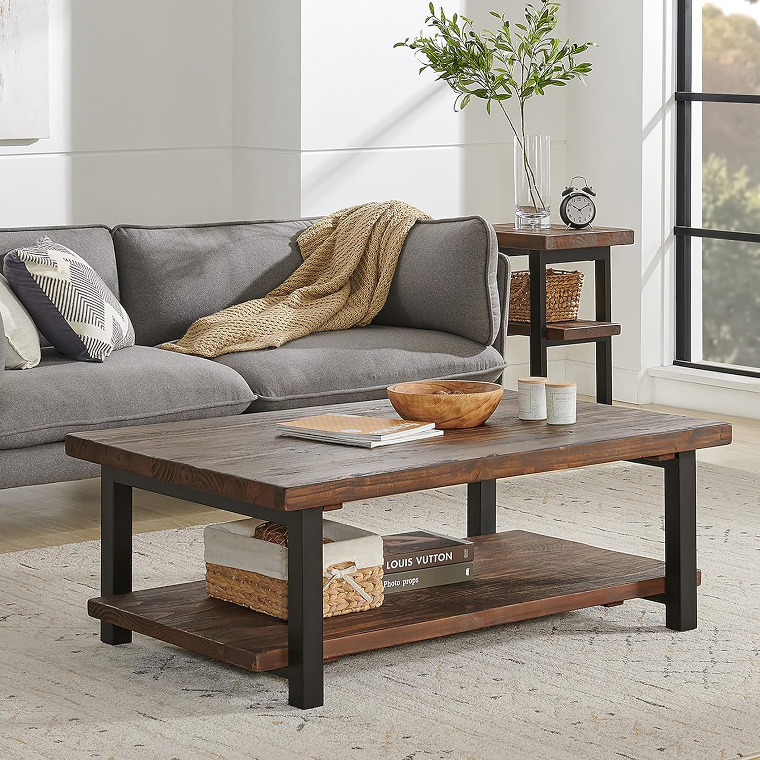Alaterre Furniture Pomona Rustic Natural 48" Wide Coffee Table with Shelf - Wood Top & Reclaimed Wood Finish