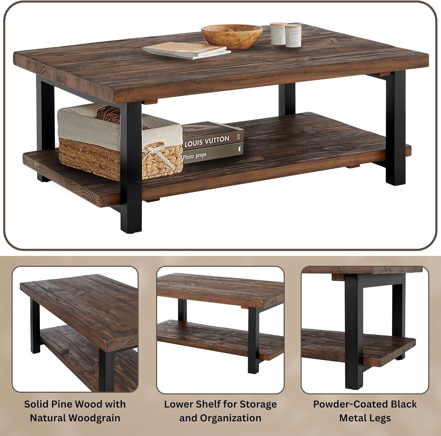 Alaterre Furniture Pomona Rustic Natural 48" Wide Coffee Table with Shelf - Wood Top & Reclaimed Wood Finish