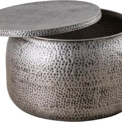 Modern Round Aluminum Hammered Embossed Texturing, Metal Drum Coffee Table with Removable Lid for Storage, Gray