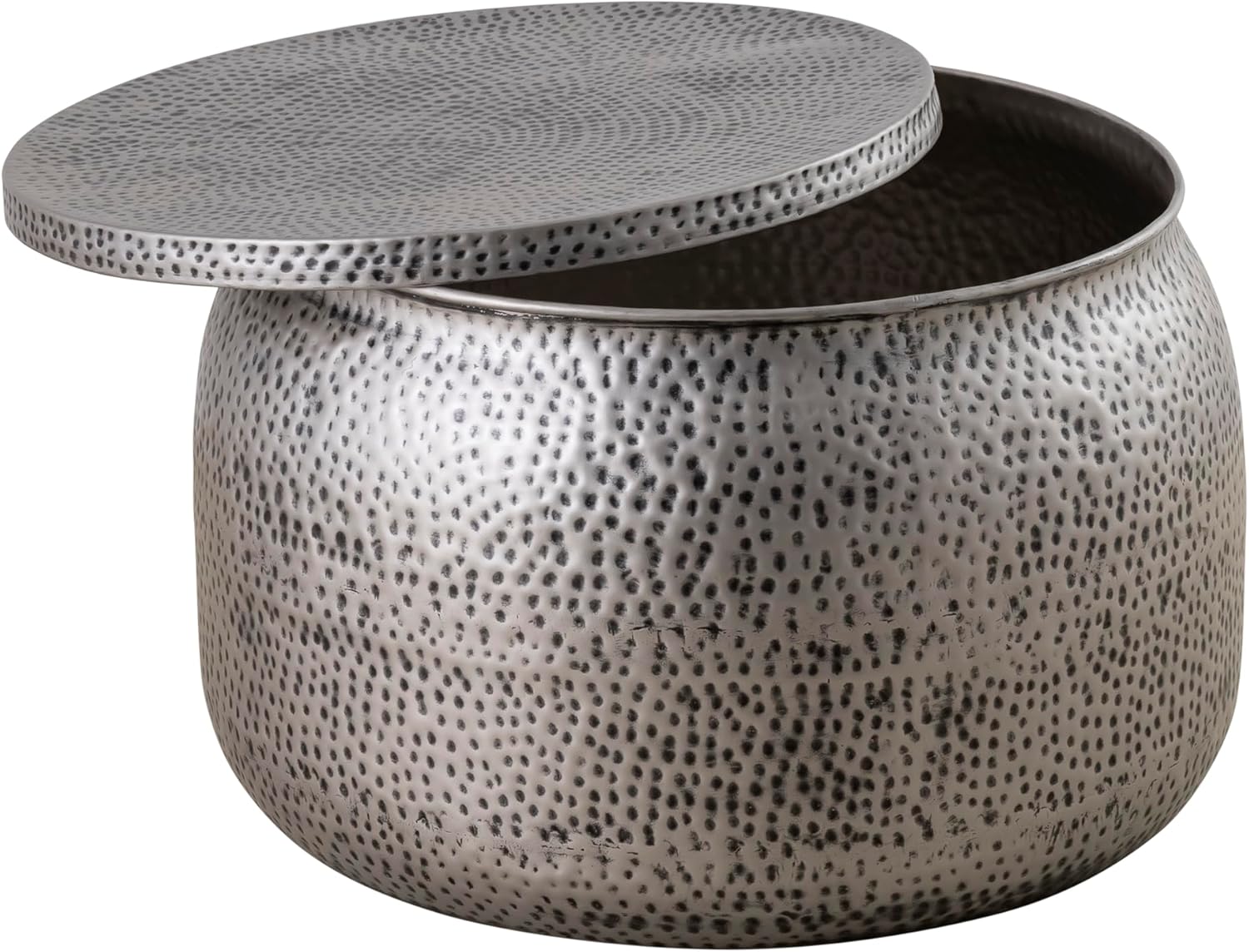 Modern Round Aluminum Hammered Embossed Texturing, Metal Drum Coffee Table with Removable Lid for Storage, Gray