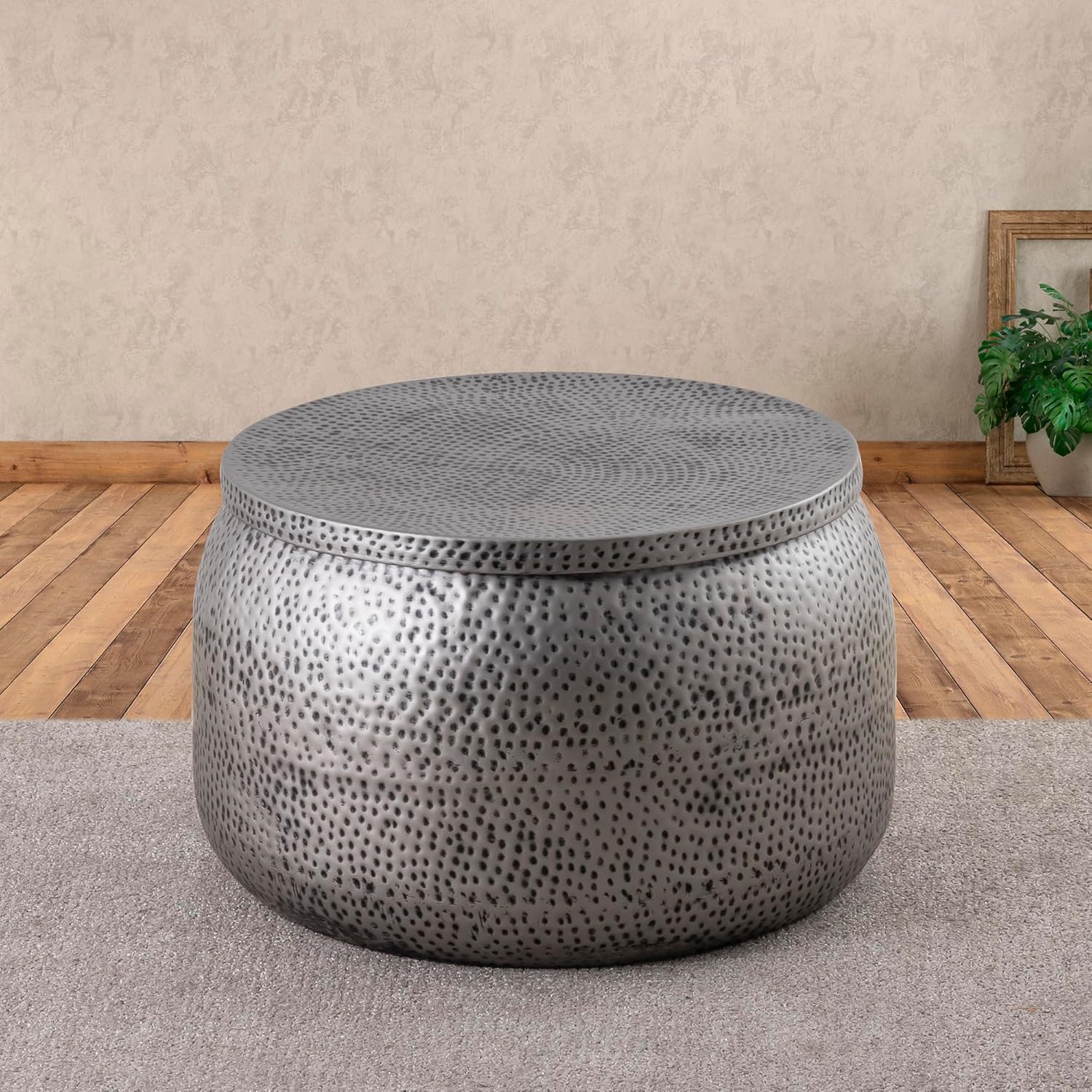 Modern Round Aluminum Hammered Embossed Texturing, Metal Drum Coffee Table with Removable Lid for Storage, Gray