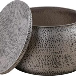 Modern Round Aluminum Hammered Embossed Texturing, Metal Drum Coffee Table with Removable Lid for Storage, Gray