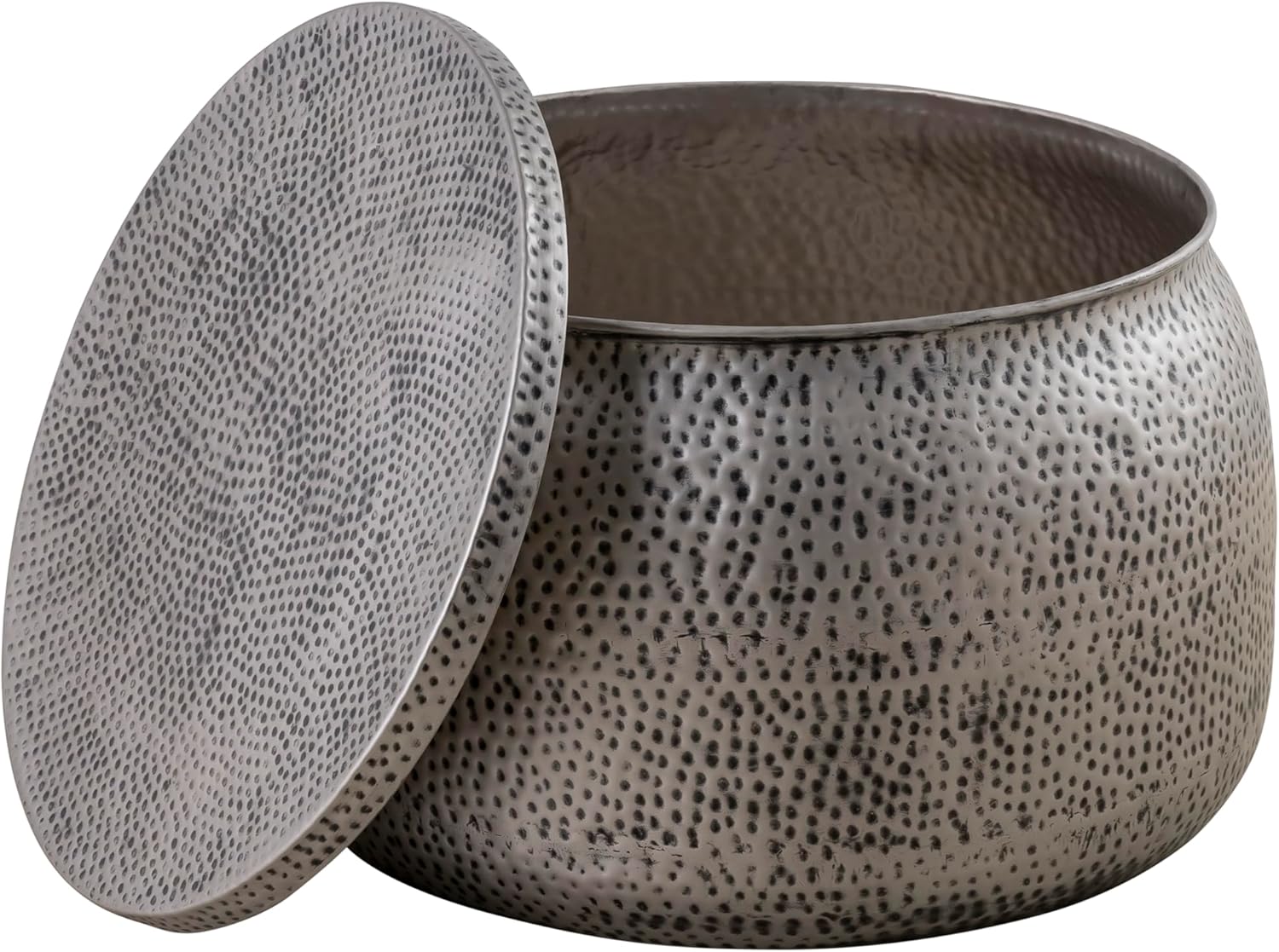 Modern Round Aluminum Hammered Embossed Texturing, Metal Drum Coffee Table with Removable Lid for Storage, Gray