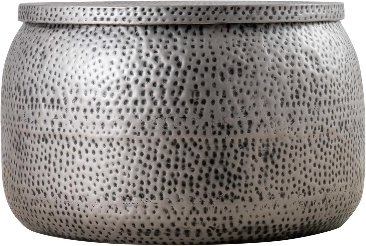 Modern Round Aluminum Hammered Embossed Texturing, Metal Drum Coffee Table with Removable Lid for Storage, Gray