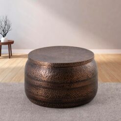 Modern Round Aluminum Hammered Embossed Texturing, Metal Drum Coffee Table with Removable Lid for Storage, Copper