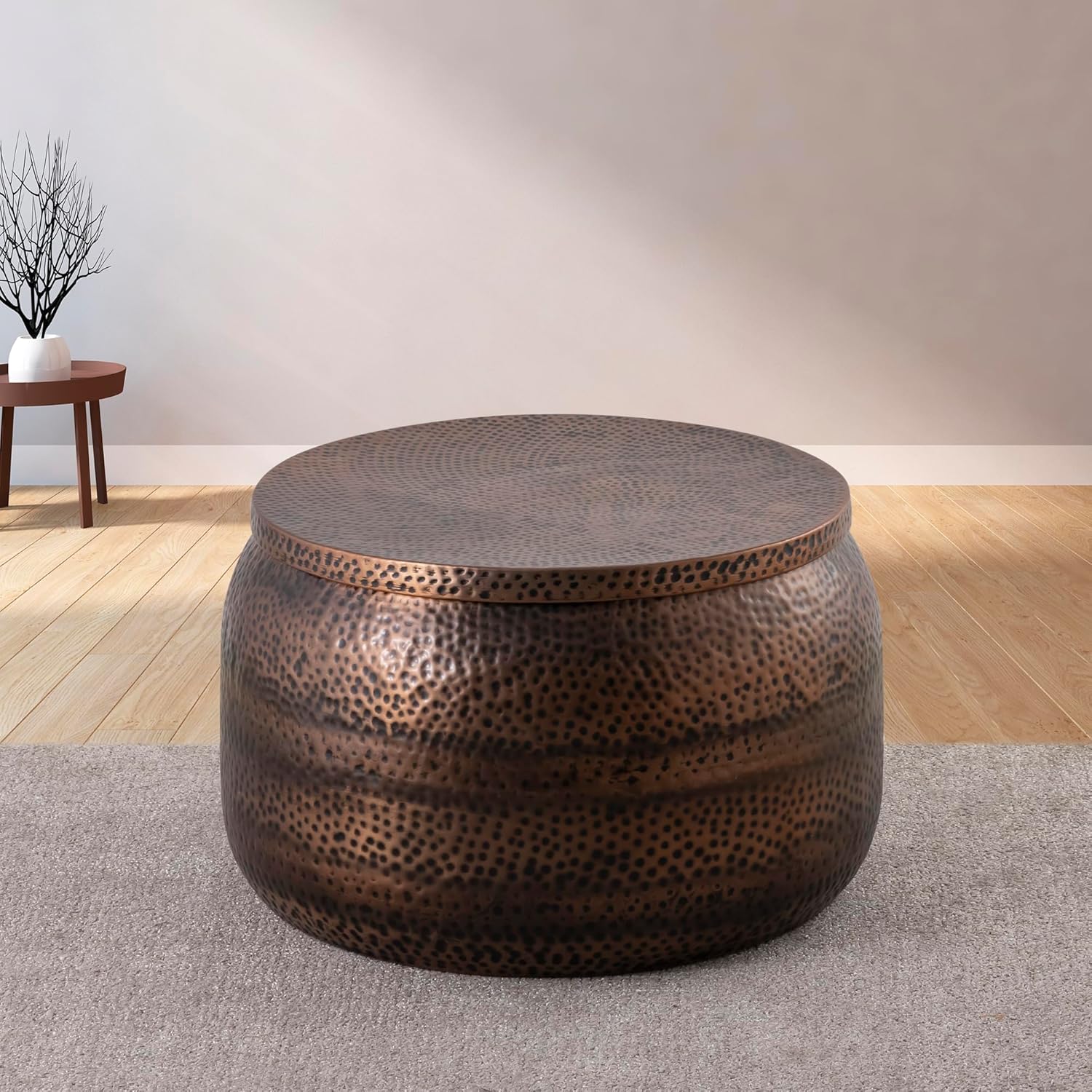 Modern Round Aluminum Hammered Embossed Texturing, Metal Drum Coffee Table with Removable Lid for Storage, Copper