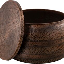 Modern Round Aluminum Hammered Embossed Texturing, Metal Drum Coffee Table with Removable Lid for Storage, Copper