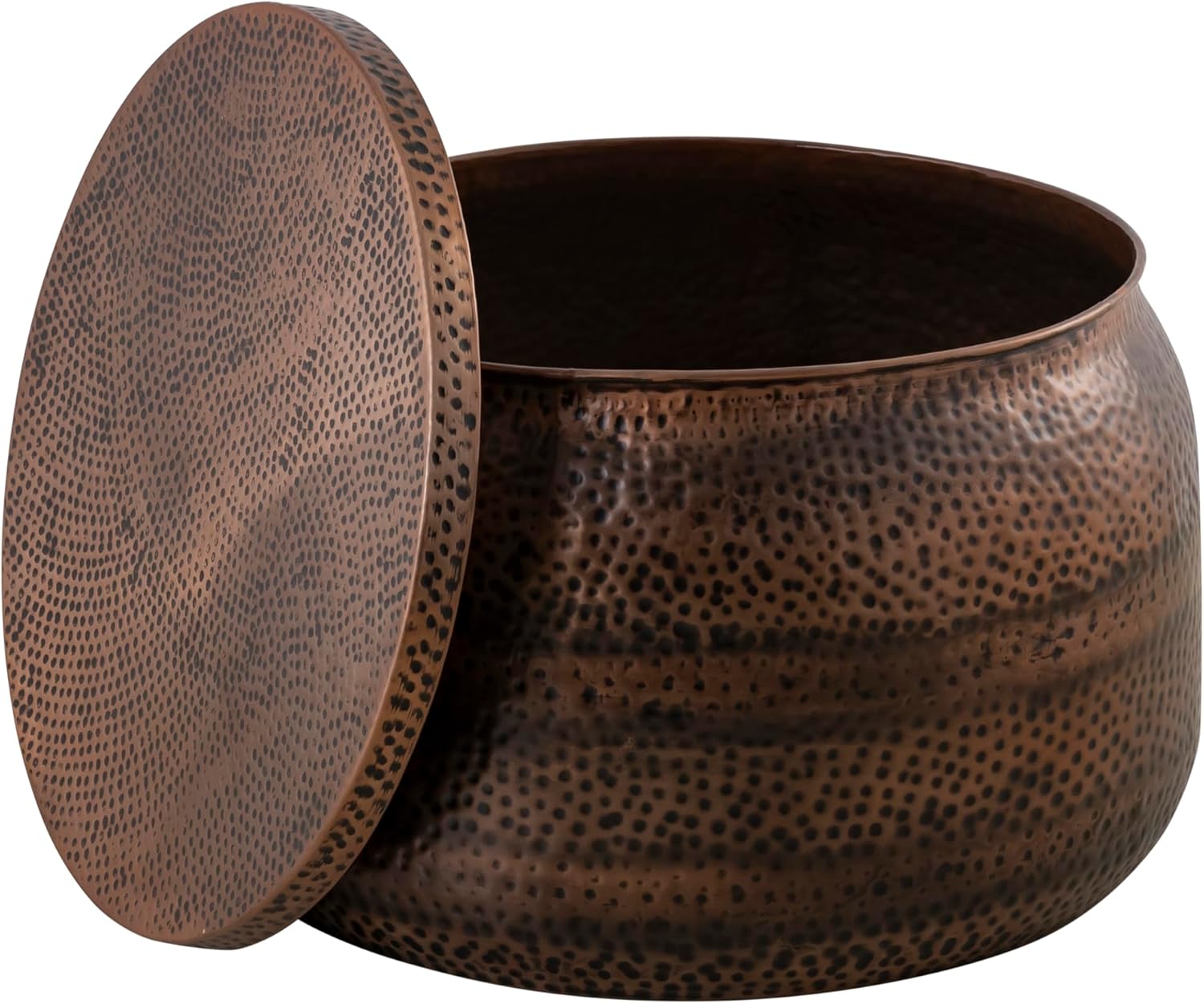 Modern Round Aluminum Hammered Embossed Texturing, Metal Drum Coffee Table with Removable Lid for Storage, Copper
