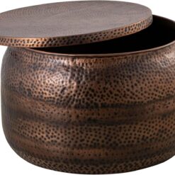 Modern Round Aluminum Hammered Embossed Texturing, Metal Drum Coffee Table with Removable Lid for Storage, Copper