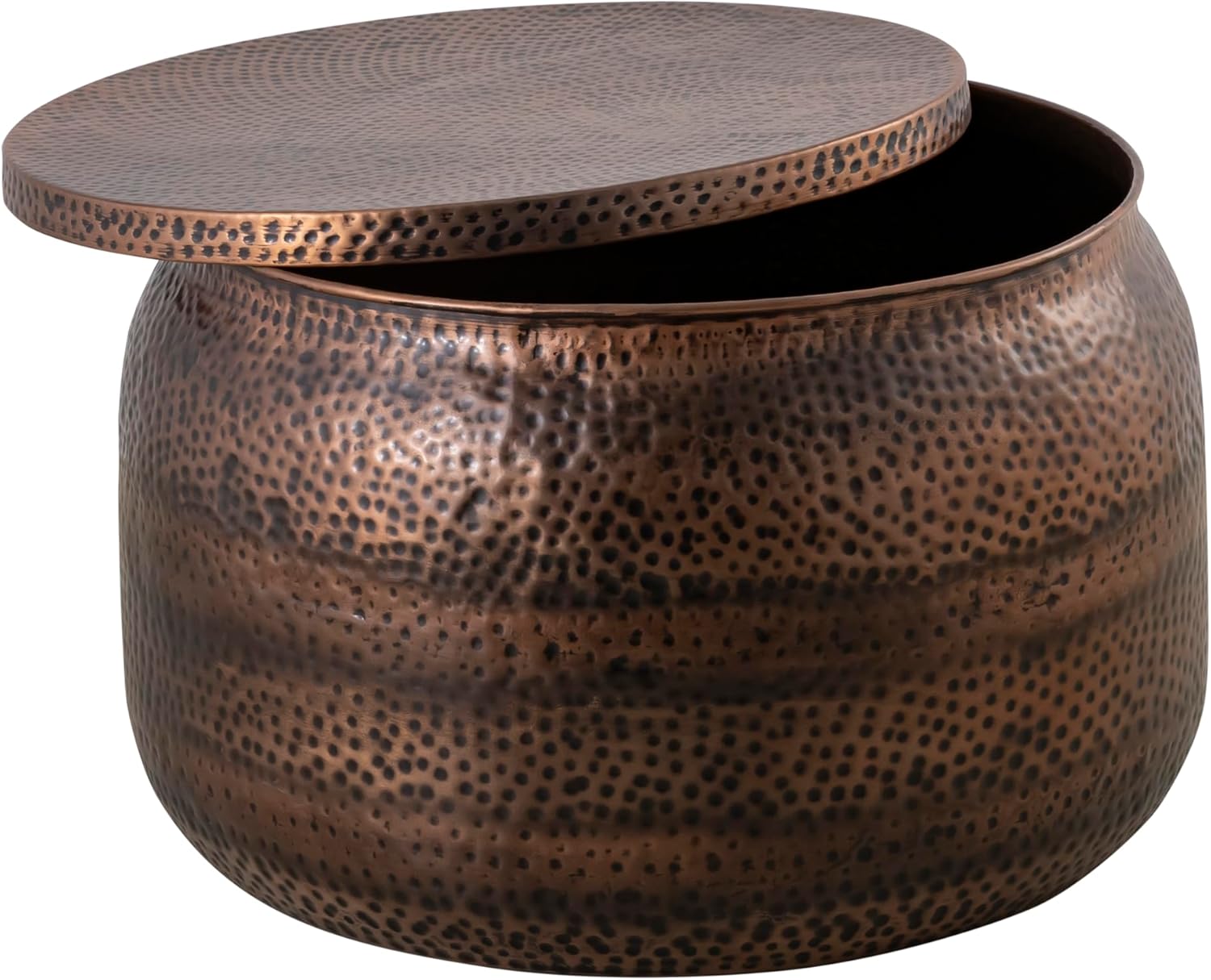 Modern Round Aluminum Hammered Embossed Texturing, Metal Drum Coffee Table with Removable Lid for Storage, Copper