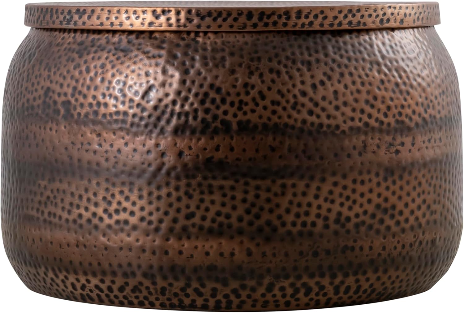 Modern Round Aluminum Hammered Embossed Texturing, Metal Drum Coffee Table with Removable Lid for Storage, Copper