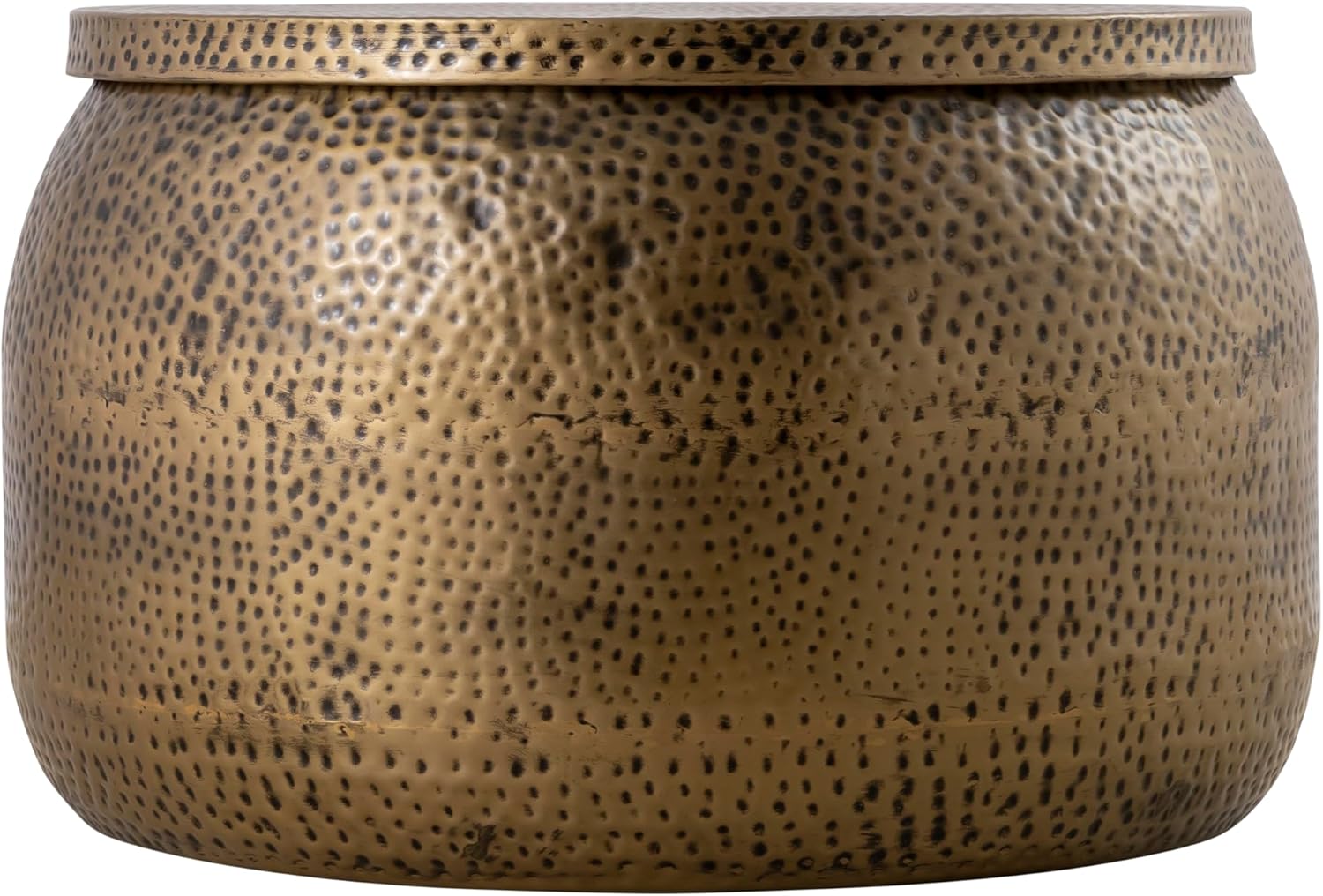 Modern Round Aluminum Hammered Embossed Texturing, Metal Drum Coffee Table with Removable Lid for Storage, Brass