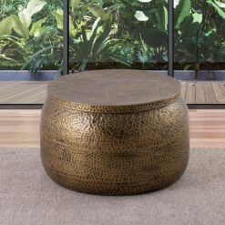 Modern Round Aluminum Hammered Embossed Texturing, Metal Drum Coffee Table with Removable Lid for Storage, Brass