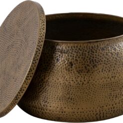 Modern Round Aluminum Hammered Embossed Texturing, Metal Drum Coffee Table with Removable Lid for Storage, Brass