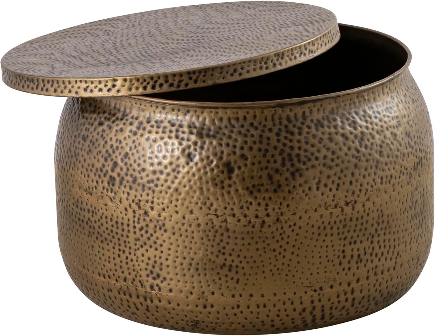 Modern Round Aluminum Hammered Embossed Texturing, Metal Drum Coffee Table with Removable Lid for Storage, Brass