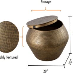 Modern Cylindrical Aluminum Hammered Embossed Texturing, Metal Drum Coffee Table with Removable Lid for Storage, Brass