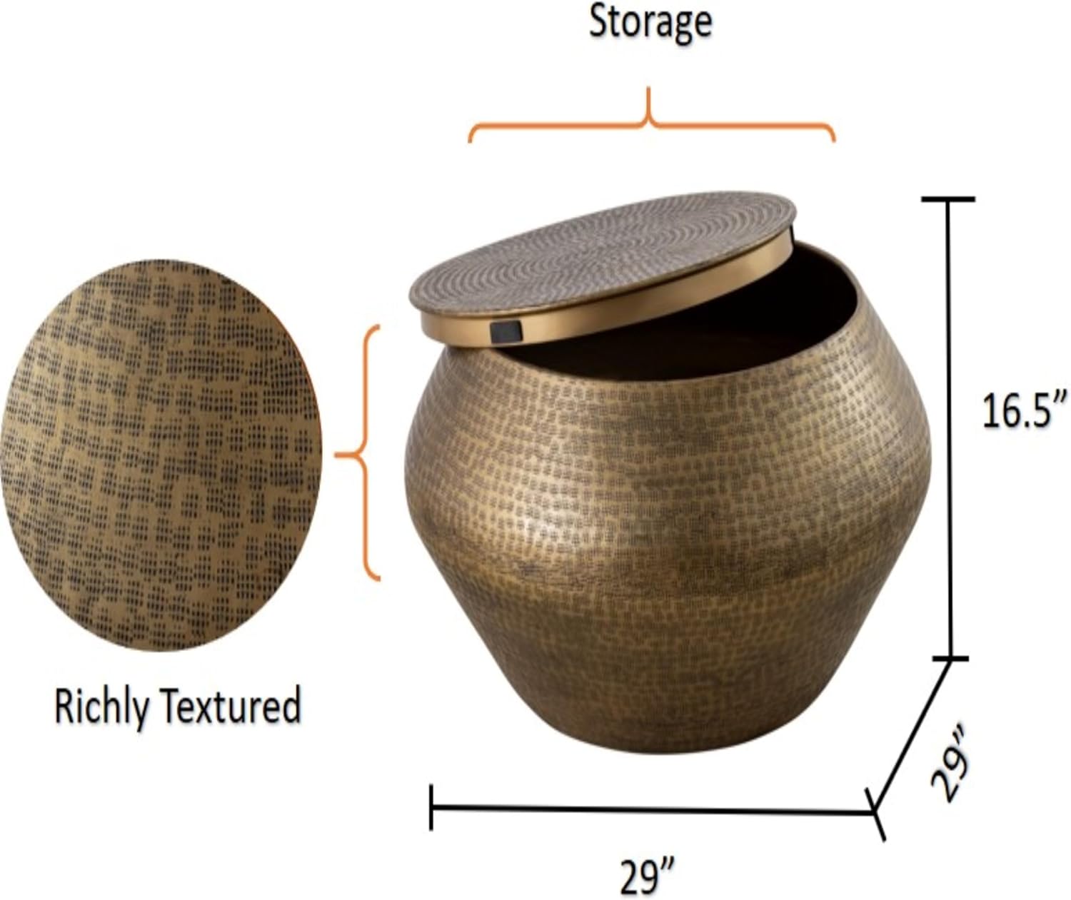 Modern Cylindrical Aluminum Hammered Embossed Texturing, Metal Drum Coffee Table with Removable Lid for Storage, Brass