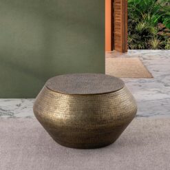 Modern Cylindrical Aluminum Hammered Embossed Texturing, Metal Drum Coffee Table with Removable Lid for Storage, Brass