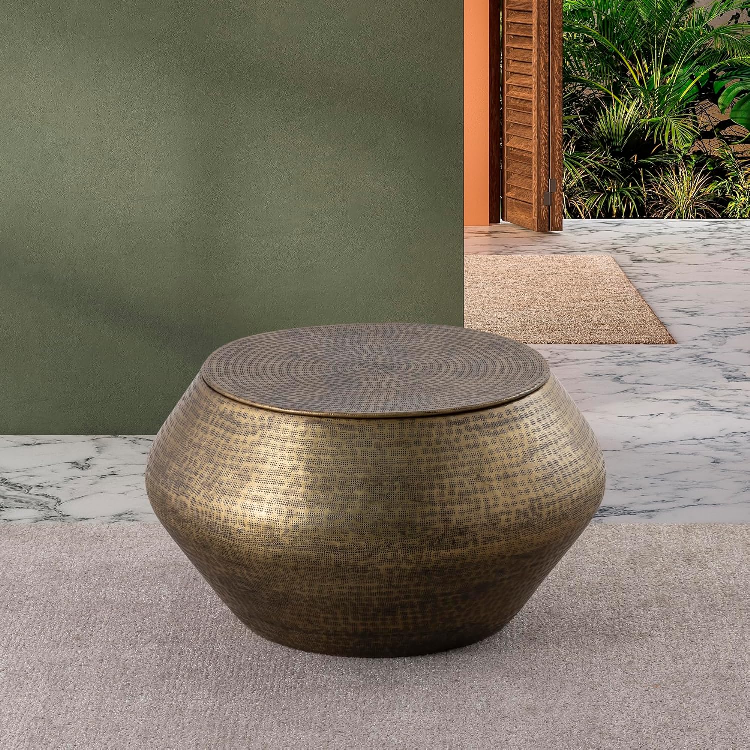 Modern Cylindrical Aluminum Hammered Embossed Texturing, Metal Drum Coffee Table with Removable Lid for Storage, Brass