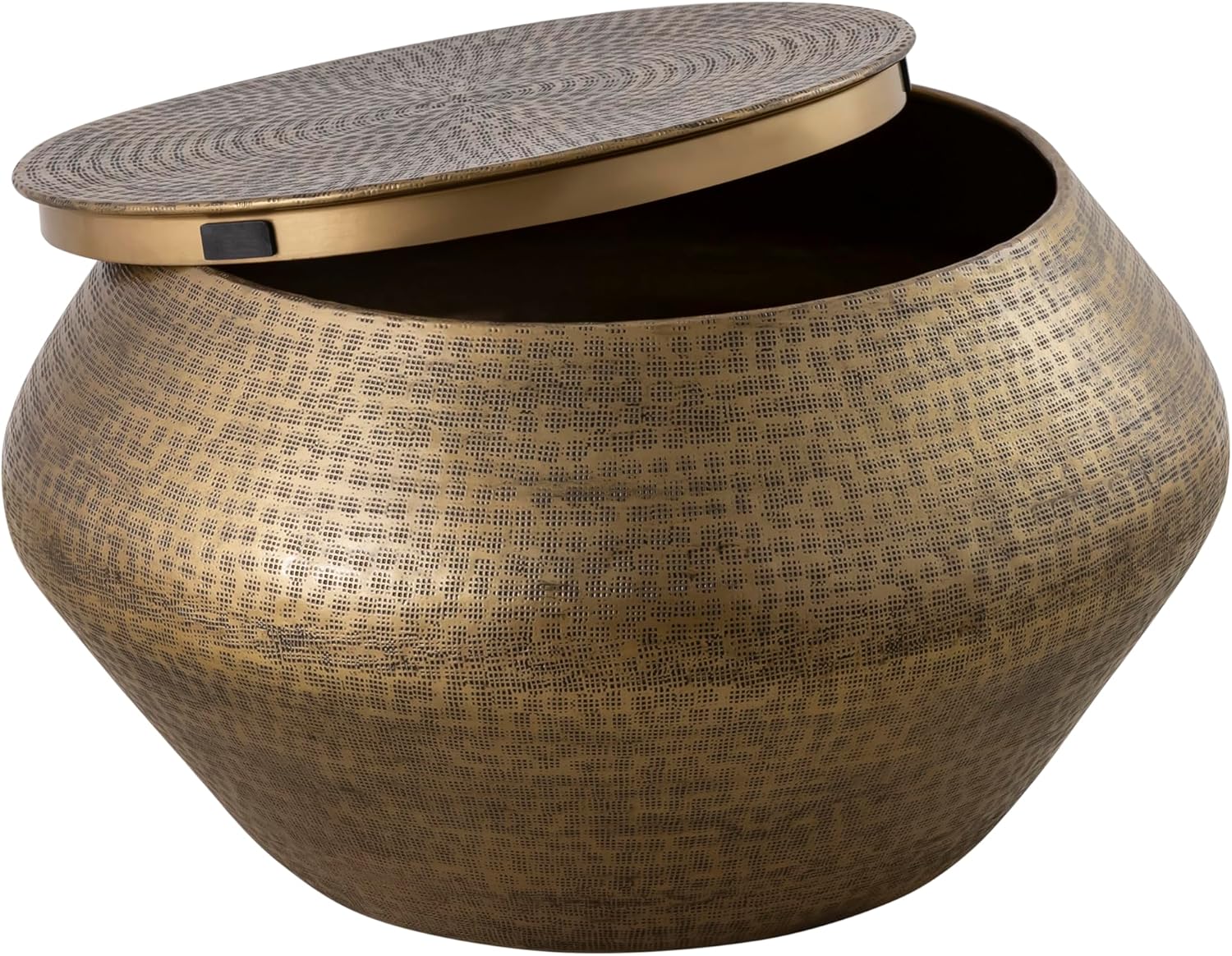 Modern Cylindrical Aluminum Hammered Embossed Texturing, Metal Drum Coffee Table with Removable Lid for Storage, Brass