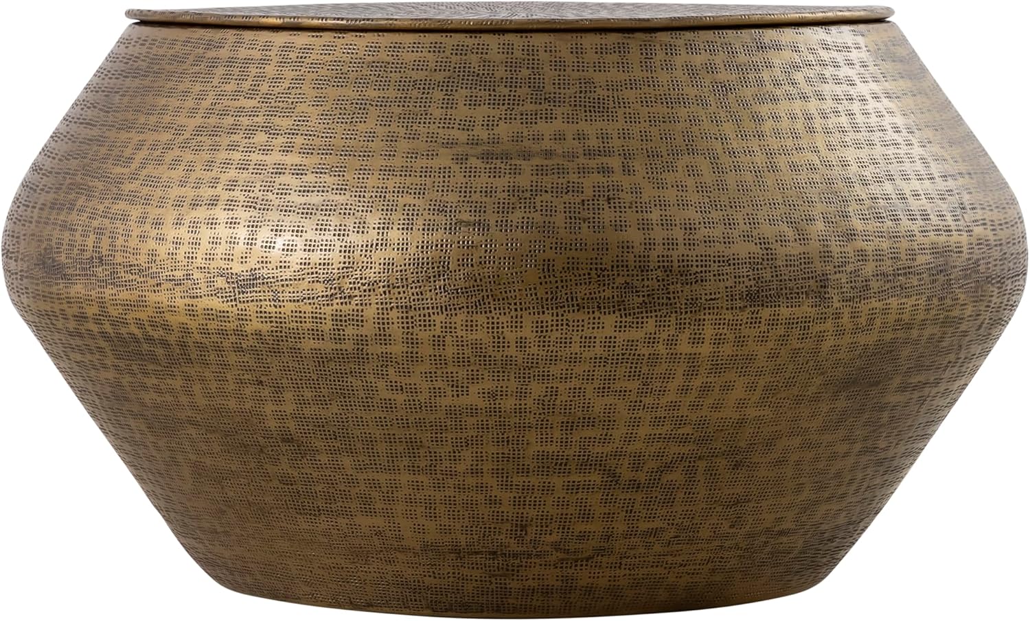 Modern Cylindrical Aluminum Hammered Embossed Texturing, Metal Drum Coffee Table with Removable Lid for Storage, Brass