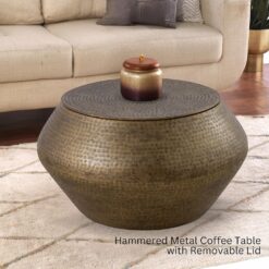 Modern Cylindrical Aluminum Hammered Embossed Texturing, Metal Drum Coffee Table with Removable Lid for Storage, Brass