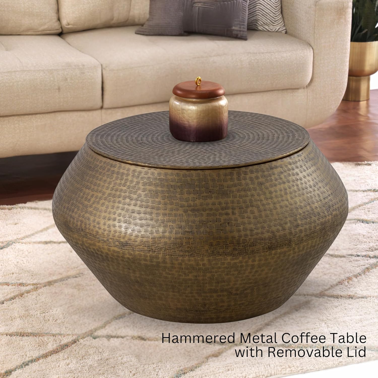 Modern Cylindrical Aluminum Hammered Embossed Texturing, Metal Drum Coffee Table with Removable Lid for Storage, Brass