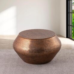 Modern Cylindrical Aluminum Hammered Embossed Texturing, Metal Drum Coffee Table with Removable Lid for Storage, Copper