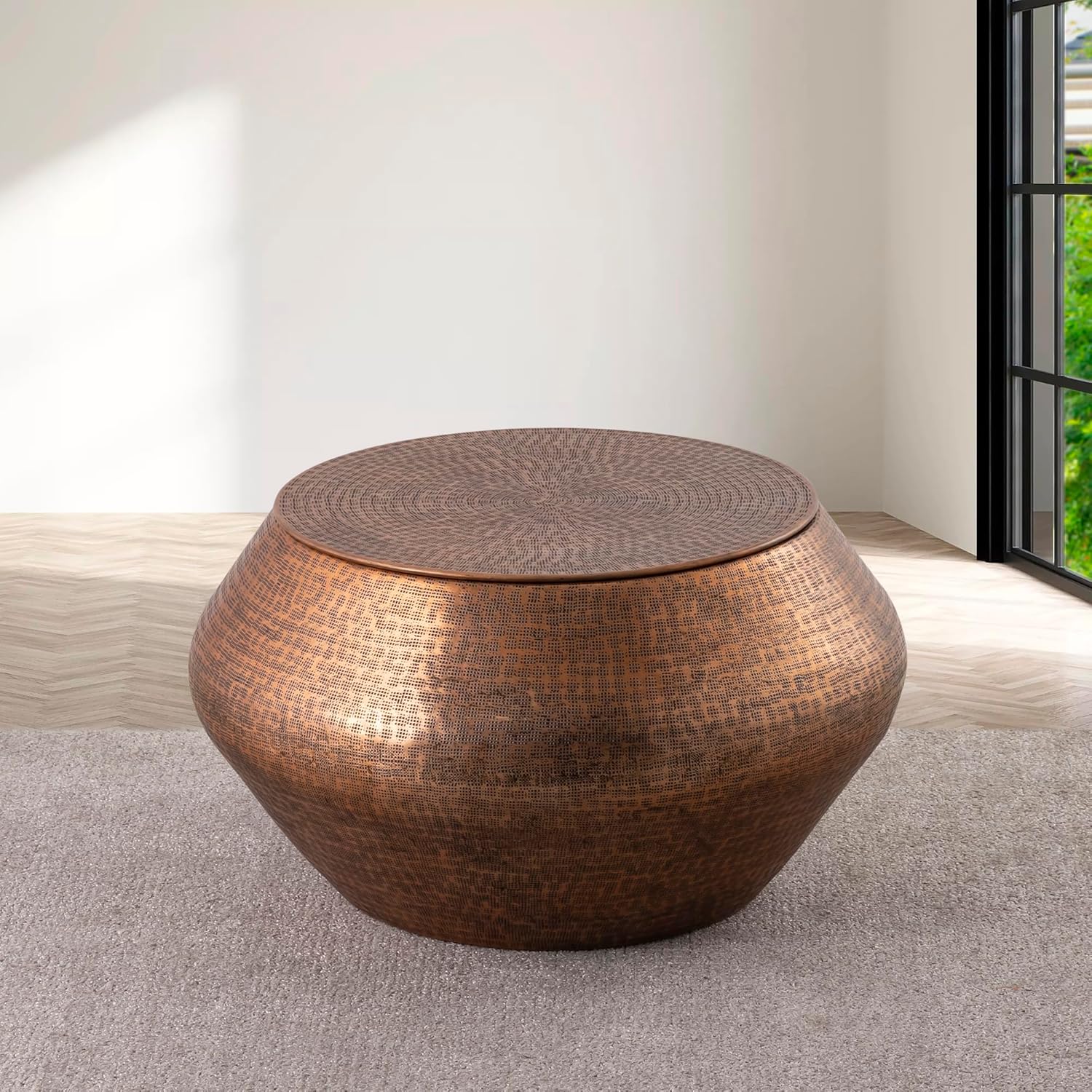 Modern Cylindrical Aluminum Hammered Embossed Texturing, Metal Drum Coffee Table with Removable Lid for Storage, Copper