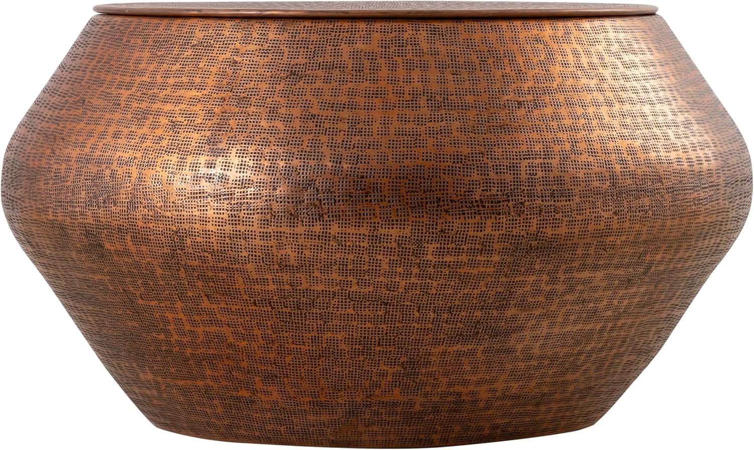 Modern Cylindrical Aluminum Hammered Embossed Texturing, Metal Drum Coffee Table with Removable Lid for Storage, Copper