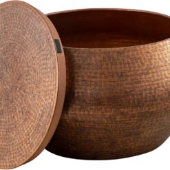 Modern Cylindrical Aluminum Hammered Embossed Texturing, Metal Drum Coffee Table with Removable Lid for Storage, Copper