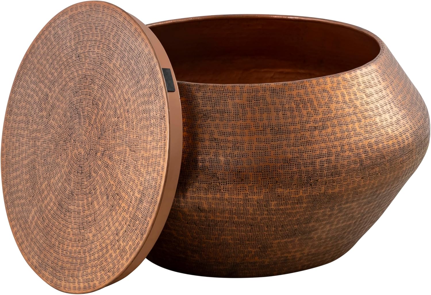 Modern Cylindrical Aluminum Hammered Embossed Texturing, Metal Drum Coffee Table with Removable Lid for Storage, Copper