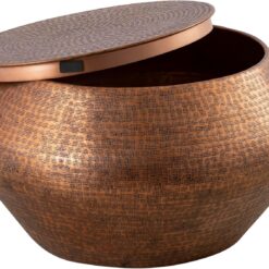 Modern Cylindrical Aluminum Hammered Embossed Texturing, Metal Drum Coffee Table with Removable Lid for Storage, Copper