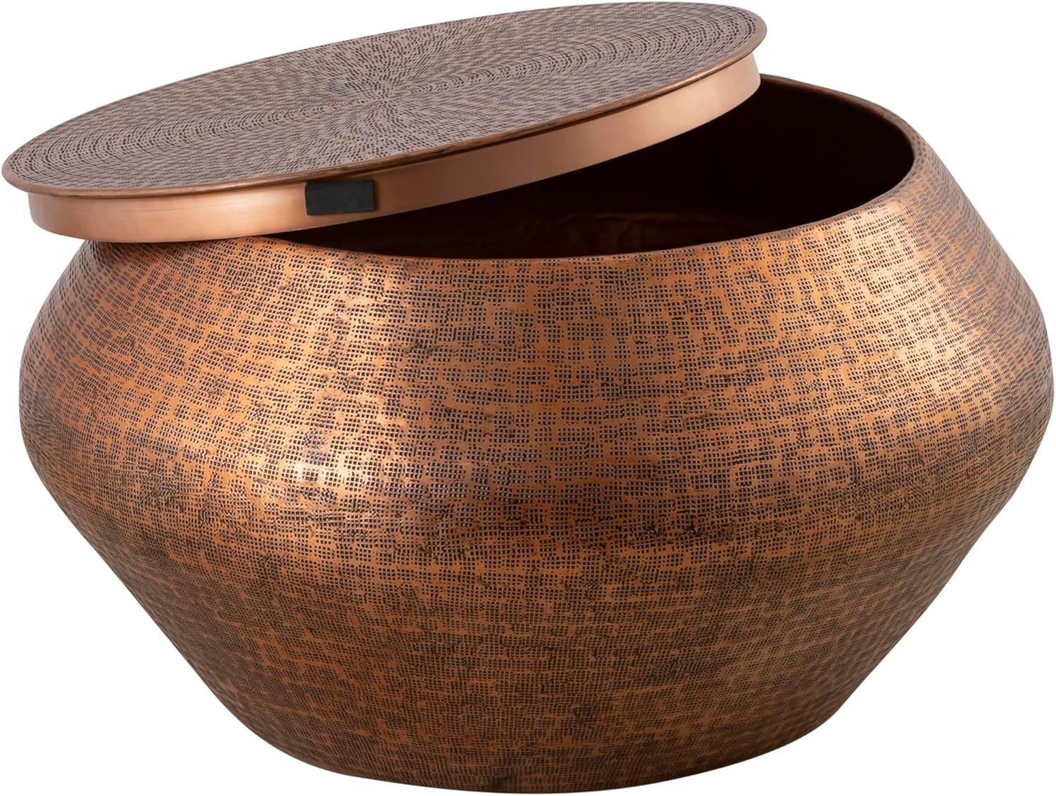 Modern Cylindrical Aluminum Hammered Embossed Texturing, Metal Drum Coffee Table with Removable Lid for Storage, Copper