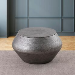 Modern Cylindrical Aluminum Hammered Embossed Texturing, Metal Drum Coffee Table with Removable Lid for Storage, Gray