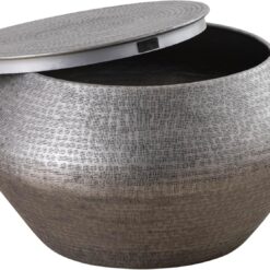 Modern Cylindrical Aluminum Hammered Embossed Texturing, Metal Drum Coffee Table with Removable Lid for Storage, Gray