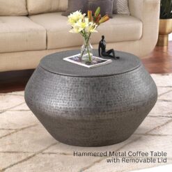 Modern Cylindrical Aluminum Hammered Embossed Texturing, Metal Drum Coffee Table with Removable Lid for Storage, Gray