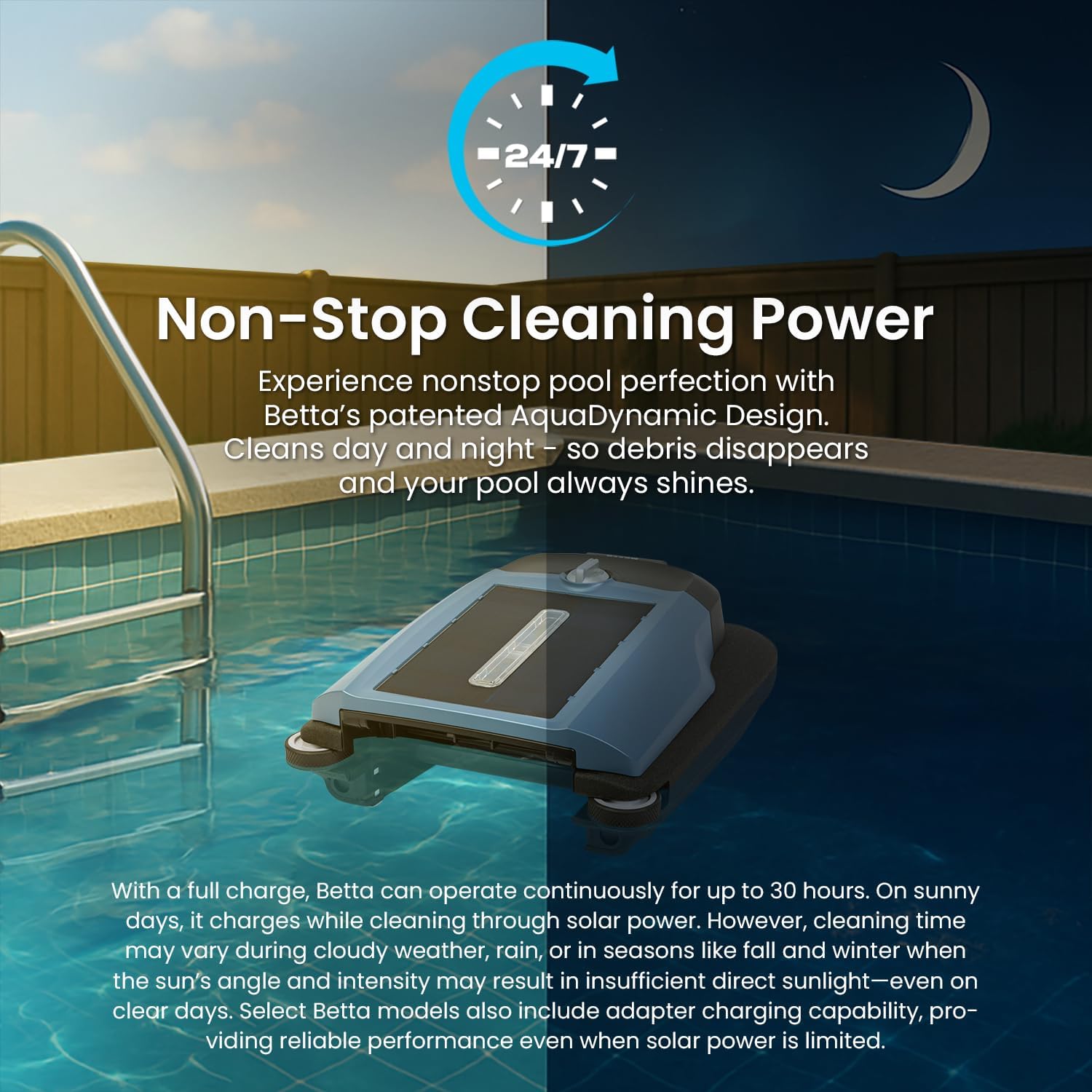 Betta Flex Solar-Powered Robotic Pool Skimmer – Cordless with Dual Cleaning Modes, Soft-Touch Pool Protection (Blue)