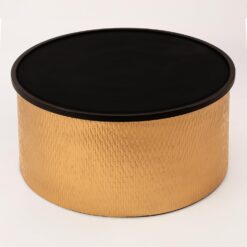 Modern Accent Cylindrical Round Coffee Table with Black Top and Hammered Gold Metal Base, Gold