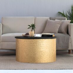 Modern Accent Cylindrical Round Coffee Table with Black Top and Hammered Gold Metal Base, Gold